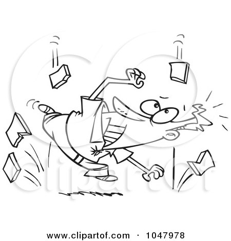 Royalty-Free (RF) Clip Art Illustration of a Cartoon Black And White Outline Design Of A Guy Ducking From The Falling Sky by toonaday
