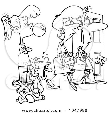 Royalty-Free (RF) Clip Art Illustration of a Cartoon Black And White Outline Design Of A Babysitter Watching Parents Leave by toonaday