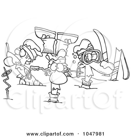 Royalty-Free (RF) Clip Art Illustration of a Cartoon Black And White Outline Design Of Crashed Skiers by toonaday