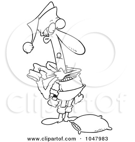 Royalty-Free (RF) Clip Art Illustration of a Cartoon Black And White Outline Design Of A Thin Man Dressing As Santa by toonaday