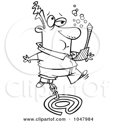Royalty-Free (RF) Clip Art Illustration of a Cartoon Black And White Outline Design Of A Businessman Sinking With Email by toonaday