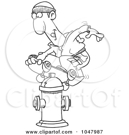 Royalty-Free (RF) Clip Art Illustration of a Cartoon Black And White Outline Design Of A Man Skateboarding On A Hydrant by toonaday