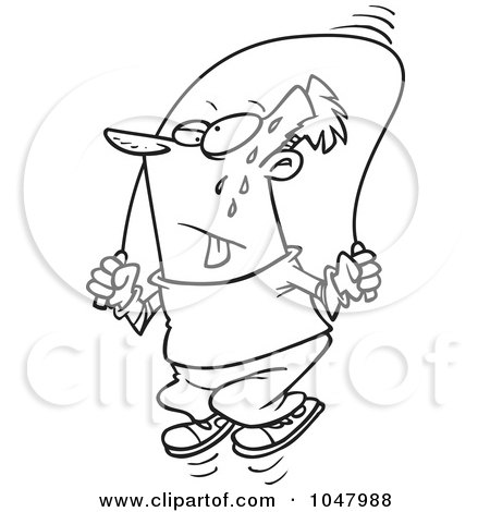 Royalty-Free (RF) Clip Art Illustration of a Cartoon Black And White Outline Design Of A Guy Skipping Rope by toonaday