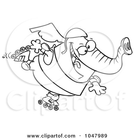 Royalty-Free (RF) Clip Art Illustration of a Cartoon Black And White Outline Design Of A Roller Blading Elephant by toonaday