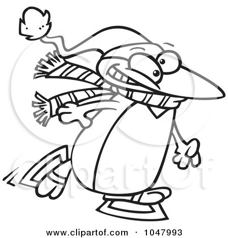 Royalty-Free (RF) Clip Art Illustration of a Cartoon Black And White Outline Design Of A Winter Penguin Ice Skating by toonaday