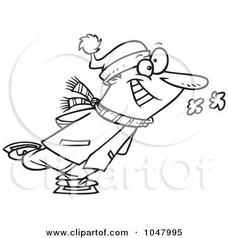 Royalty-Free (RF) Clip Art Illustration of a Cartoon Black And White Outline Design Of A Guy Ice Skating by toonaday