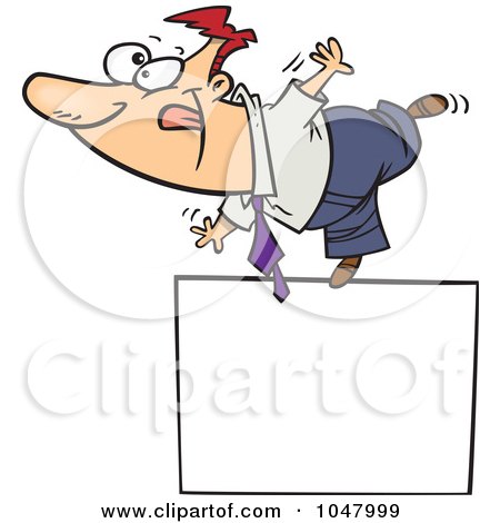 Royalty-Free (RF) Clip Art Illustration of a Cartoon Businessman Balanced On A Blank Sign by toonaday