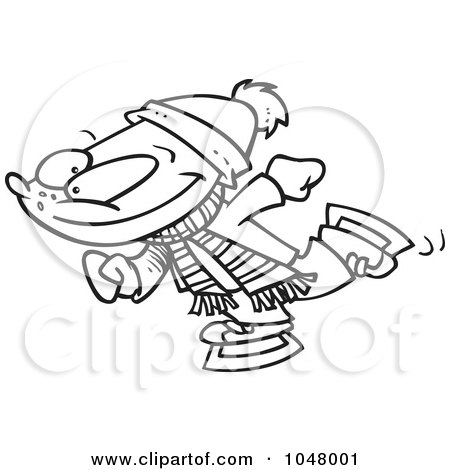 Royalty-Free (RF) Clip Art Illustration of a Cartoon Black And White Outline Design Of A Winter Boy Ice Skating by toonaday