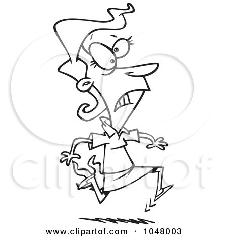 Royalty-Free (RF) Clip Art Illustration of a Cartoon Black And White Outline Design Of A Businesswoman Running With Her Skirt On Fire by toonaday