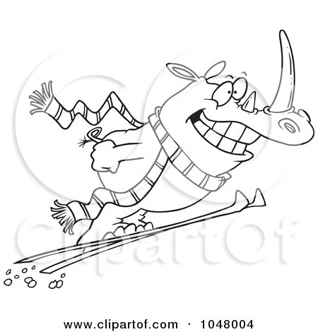 Royalty-Free (RF) Clip Art Illustration of a Cartoon Black And White Outline Design Of A Skiing Rhino by toonaday