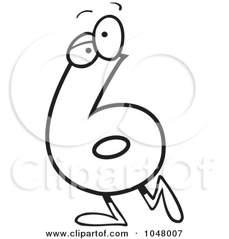Royalty-Free (RF) Clip Art Illustration of a Cartoon Black And White Outline Design Of A Number Six 6 Character by toonaday