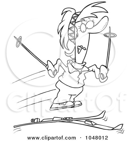 Royalty-Free (RF) Clip Art Illustration of a Cartoon Black And White Outline Design Of A Woman Losing Her Skis by toonaday