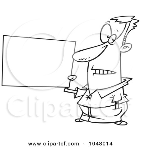 Royalty-Free (RF) Clip Art Illustration of a Cartoon Black And White Outline Design Of A Guy Holding A Blank Sign by toonaday