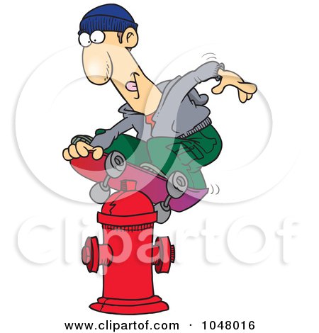 Royalty-Free (RF) Clip Art Illustration of a Cartoon Man Skateboarding On A Hydrant by toonaday