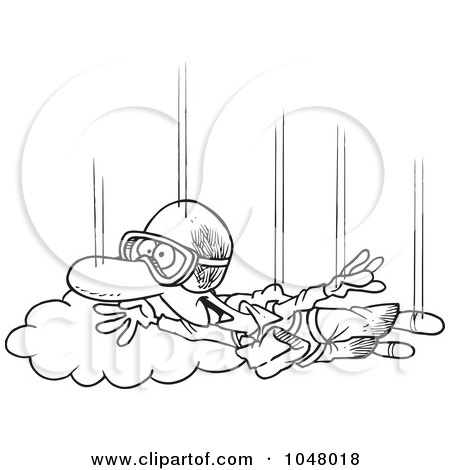 Royalty-Free (RF) Clip Art Illustration of a Cartoon Black And White Outline Design Of A Guy Skydiving by toonaday