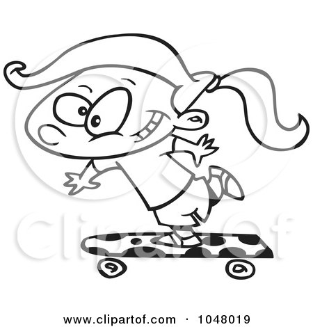 Royalty-Free (RF) Clip Art Illustration of a Cartoon Black And White Outline Design Of A Skateboarding Girl by toonaday