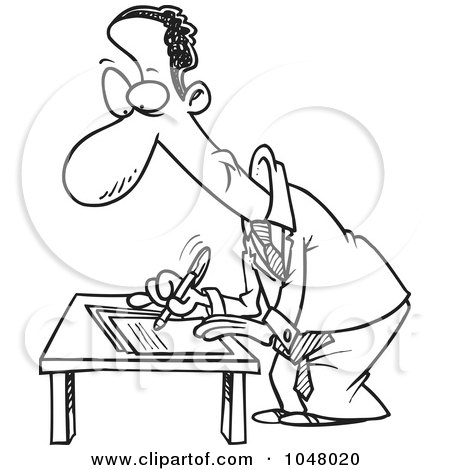 Royalty-Free (RF) Clip Art Illustration of a Cartoon Black And White Outline Design Of A Black Businessman Signing A Document by toonaday