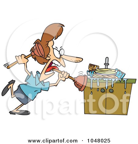 Royalty-Free (RF) Clip Art Illustration of a Cartoon Woman Tackling A Sink With A Plunger by toonaday