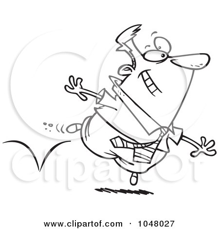 Royalty-Free (RF) Clip Art Illustration of a Cartoon Black And White Outline Design Of A Skipping Businessman by toonaday