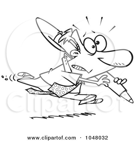 Royalty-Free (RF) Clip Art Illustration of a Cartoon Black And White Outline Design Of A Businessman Running With A Pen by toonaday