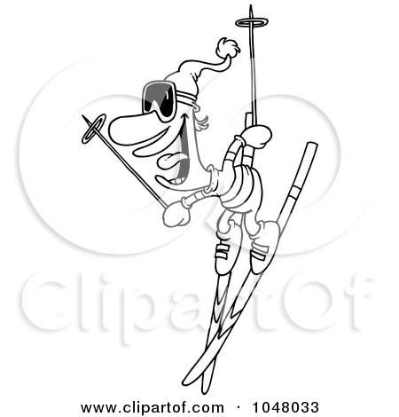 Royalty-Free (RF) Clip Art Illustration of a Cartoon Black And White Outline Design Of A Skier Man by toonaday