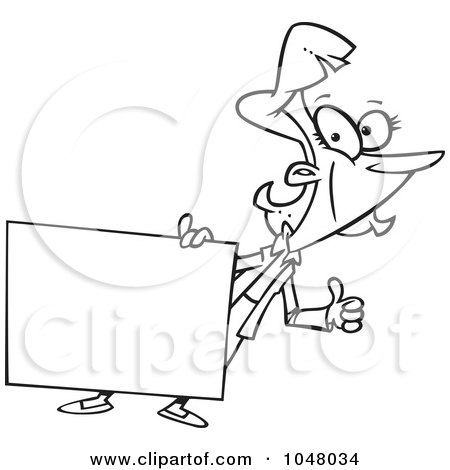 Royalty-Free (RF) Clip Art Illustration of a Cartoon Black And White Outline Design Of A Businesswoman Holding A Blank Sign by toonaday