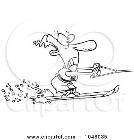 Royalty-Free (RF) Clip Art Illustration of a Cartoon Black And White Outline Design Of A Water Skiing Man by toonaday