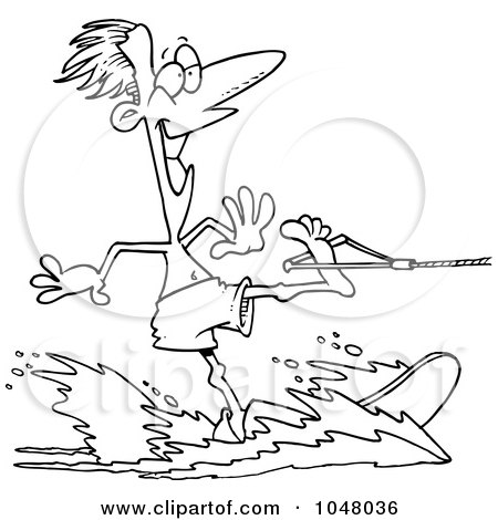 Royalty-Free (RF) Clip Art Illustration of a Cartoon Black And White Outline Design Of A Water Skiing Guy by toonaday