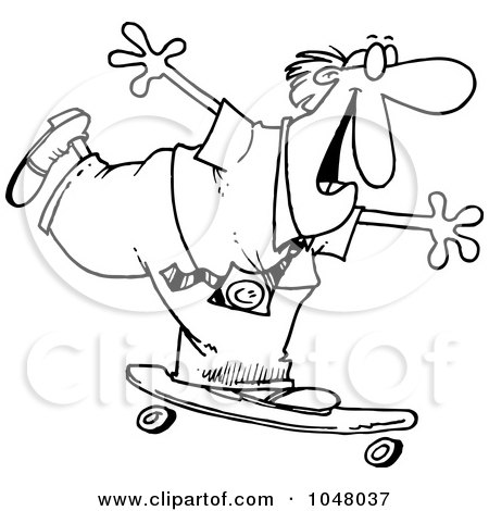 Royalty-Free (RF) Clip Art Illustration of a Cartoon Black And White Outline Design Of A Businessman Skateboarding by toonaday