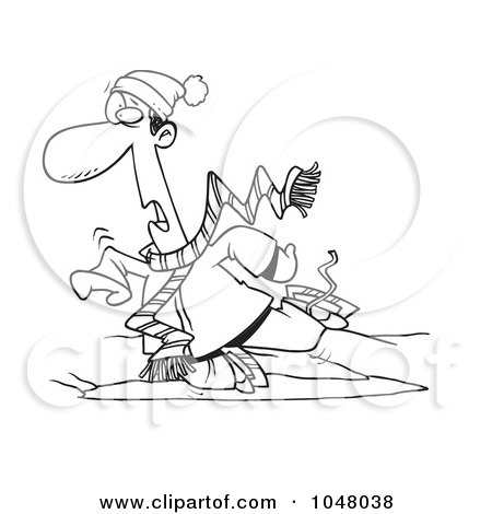 Royalty-Free (RF) Clip Art Illustration of a Cartoon Black And White Outline Design Of A Man Falling While Ice Skating by toonaday