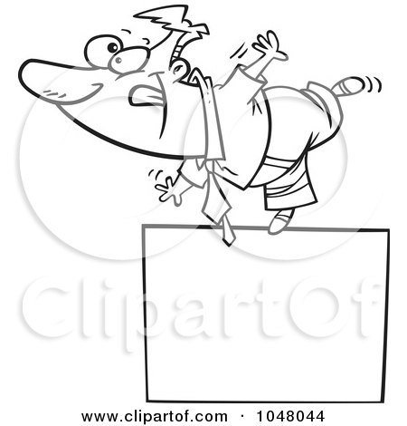 Royalty-Free (RF) Clip Art Illustration of a Cartoon Black And White Outline Design Of A Businessman Balanced On A Blank Sign by toonaday