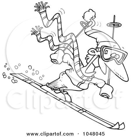 Royalty-Free (RF) Clip Art Illustration of a Cartoon Black And White Outline Design Of A Skier Guy by toonaday