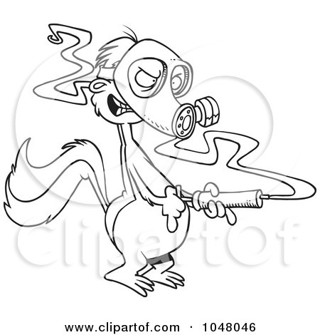 Royalty-Free (RF) Clip Art Illustration of a Cartoon Black And White Outline Design Of A Skunk Wearing A Mask And Spraying by toonaday