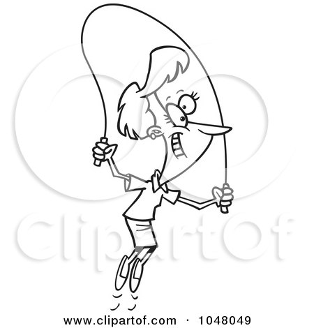 Royalty-Free (RF) Clip Art Illustration of a Cartoon Black And White Outline Design Of A Woman Skipping Rope by toonaday