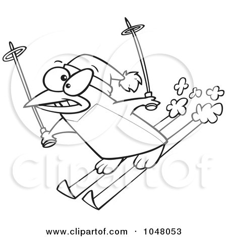 Royalty-Free (RF) Clip Art Illustration of a Cartoon Black And White Outline Design Of A Ski Penguin by toonaday