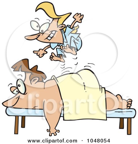 Royalty-Free (RF) Clip Art Illustration of a Cartoon Tiny Massage Therapist Jumping On Her Client by toonaday