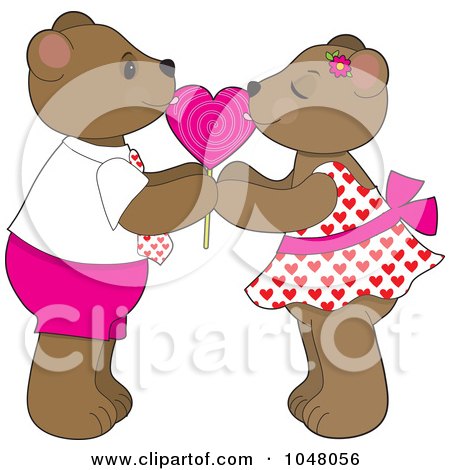 Royalty-Free (RF) Clip Art Illustration of Valentine Bears Sharing A Heart Lolipop by Maria Bell