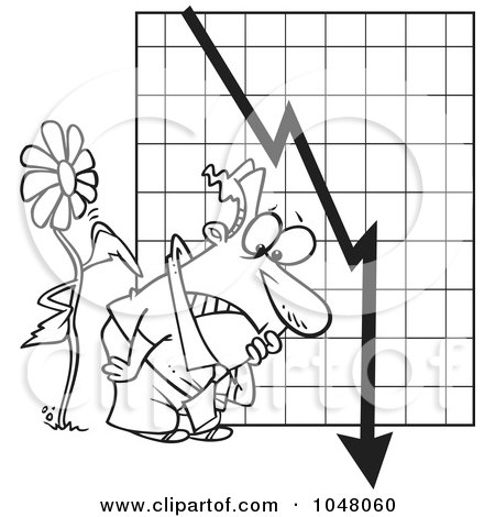 Royalty-Free (RF) Clip Art Illustration of a Cartoon Black And White Outline Design Of A Flower Tapping On A Man By A Failing Chart by toonaday