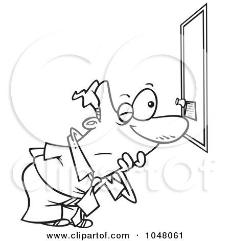 Royalty-Free (RF) Clip Art Illustration of a Cartoon Black And White Outline Design Of A Businessman Reading A Tiny Memo by toonaday