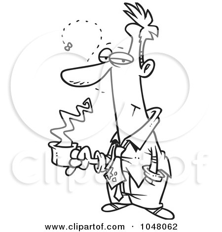 Royalty-Free (RF) Clip Art Illustration of a Cartoon Black And White Outline Design Of A Stinky Businessman Holding Coffee by toonaday