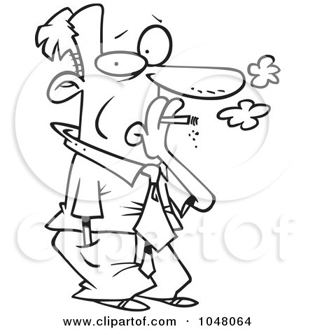 Royalty-Free (RF) Clip Art Illustration of a Cartoon Black And White Outline Design Of A Businessman Smoking by toonaday