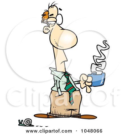 Royalty-Free (RF) Clip Art Illustration of a Cartoon Businessman Holding Coffee And Watching A Snail Pass by toonaday