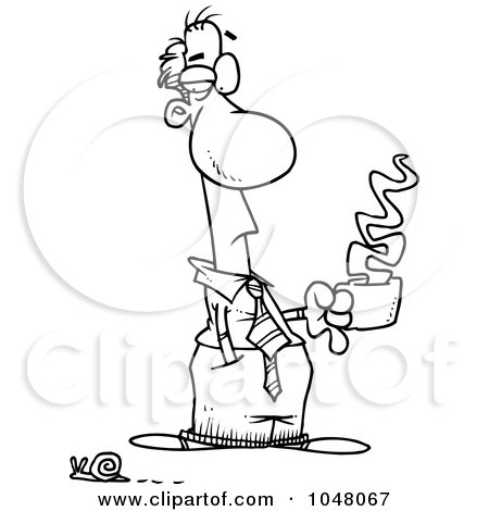 Royalty-Free (RF) Clip Art Illustration of a Cartoon Black And White Outline Design Of A Businessman Holding Coffee And Watching A Snail Pass by toonaday