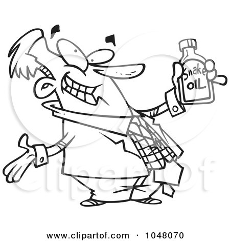 Royalty-Free (RF) Clip Art Illustration of a Cartoon Black And White Outline Design Of A Businessman Holding Snake Oil by toonaday