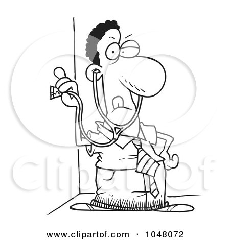 Royalty-Free (RF) Clip Art Illustration of a Cartoon Black And White Outline Design Of A Snooping Black Businessman Holding A Stethoscope To A Wall by toonaday