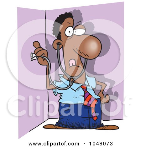 Royalty-Free (RF) Clip Art Illustration of a Cartoon Snooping Black Businessman Holding A Stethoscope To A Wall by toonaday