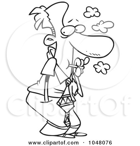 Royalty-Free (RF) Clip Art Illustration of a Cartoon Black And White Outline Design Of A Sneaky Businessman Smoking by toonaday