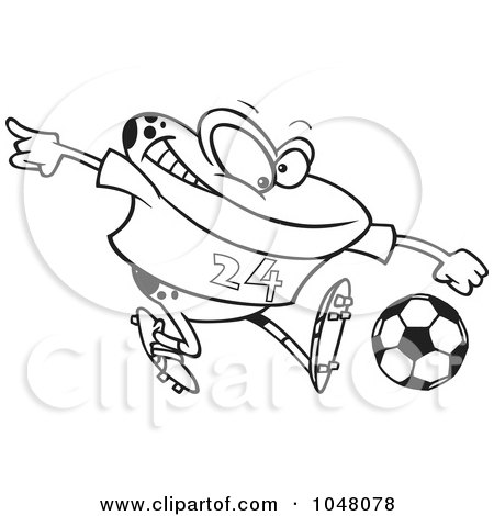 Royalty-Free (RF) Clip Art Illustration of a Cartoon Black And White Outline Design Of A Frog Playing Soccer by toonaday