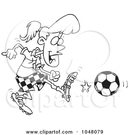 Royalty-Free (RF) Clip Art Illustration of a Cartoon Black And White Outline Design Of A Soccer Girl Kicking by toonaday