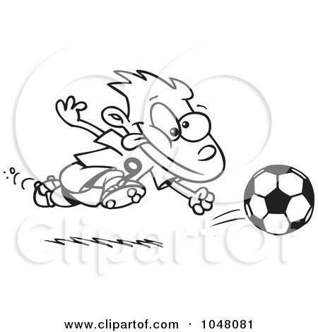 Royalty-Free (RF) Clip Art Illustration of a Cartoon Black And White Outline Design Of A Running Soccer Boy by toonaday